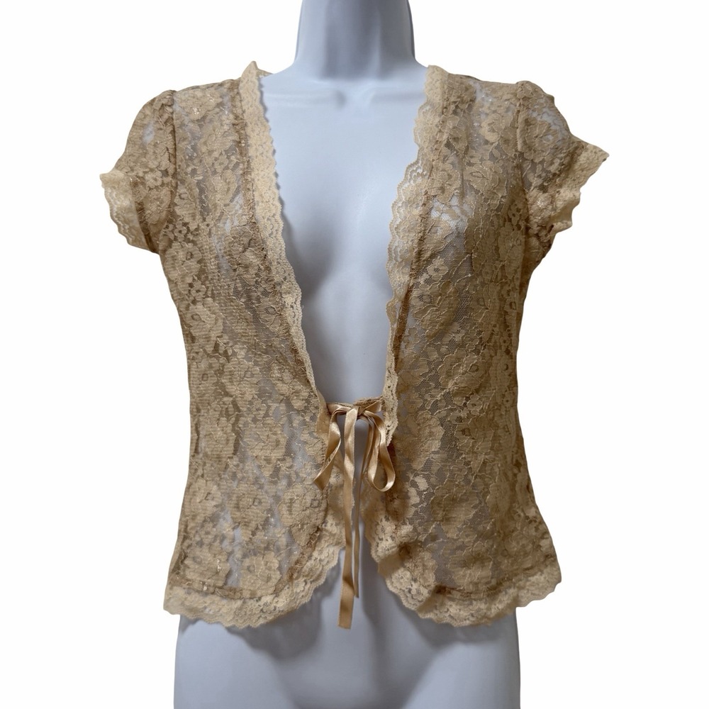 Vintage Old Navy Womens Lace Romantic Tie Front Top Size S Beige Fairy Victorian